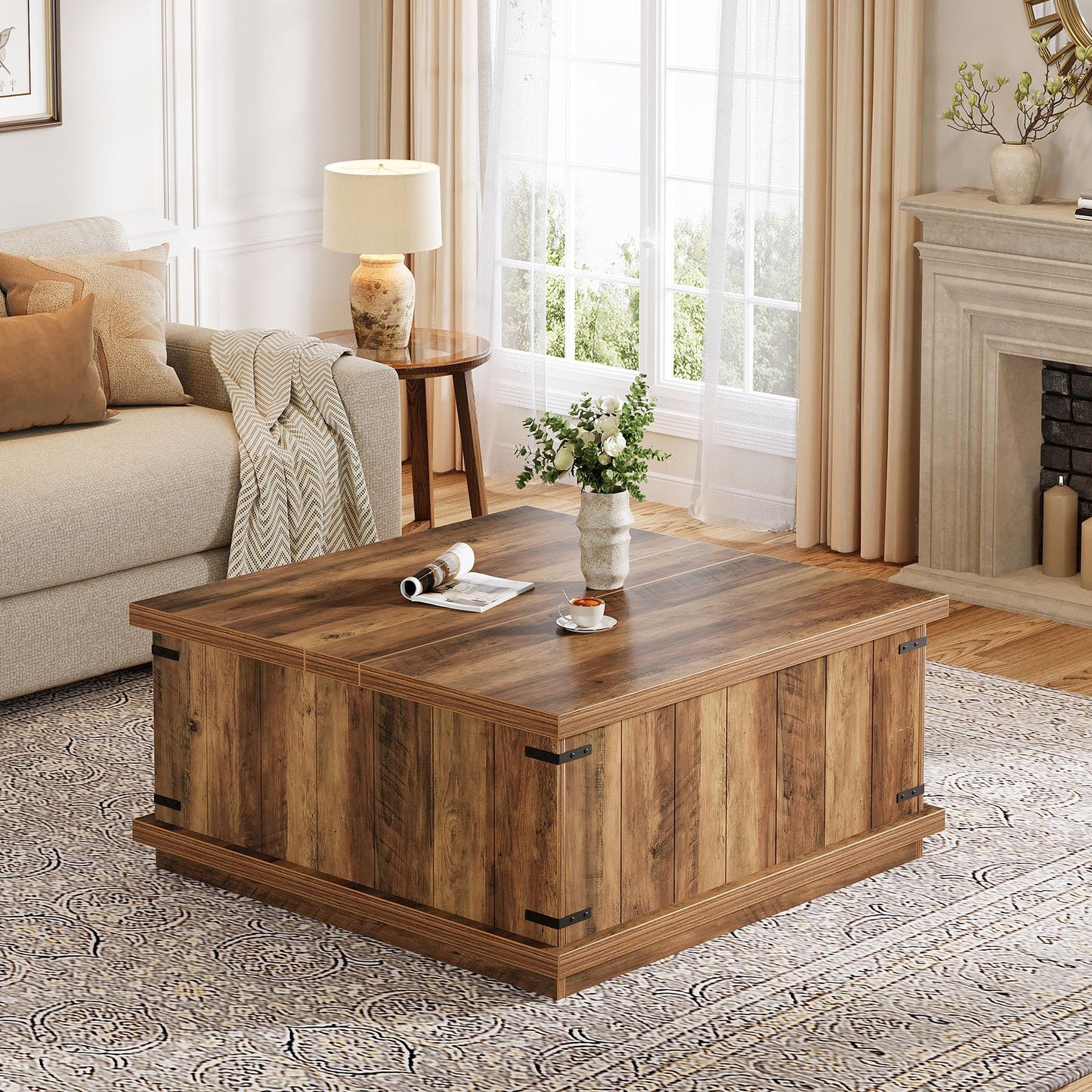 Tribesigns Farmhouse Lift Top Coffee Table, 33.46'' Square Wooden Center Cocktail Table with Large Hidden Storage Compartment for Living Room, Rustic Brown