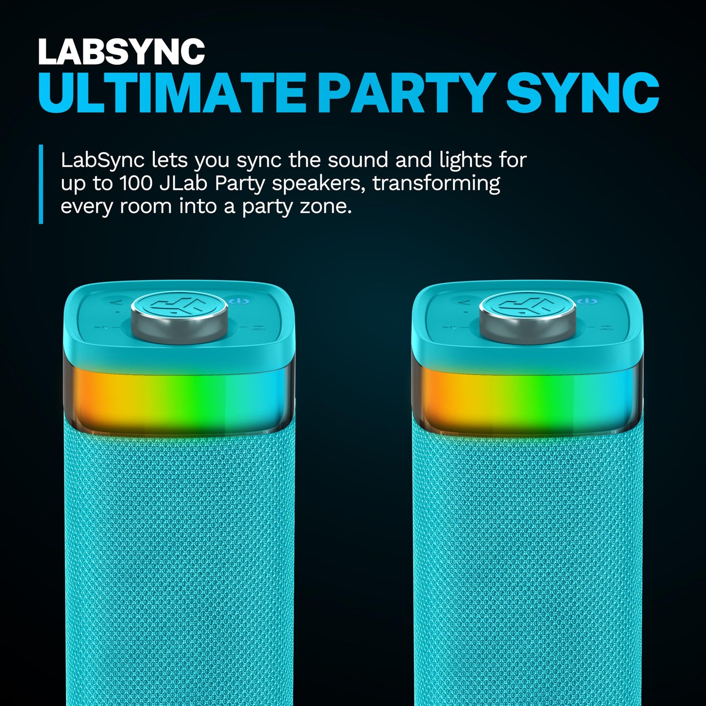 JLab JBuds Party Portable Bluetooth Speaker, 2 Full-Range Drivers + 2 Passive Woofers, IPX6 Waterproof, 12 Hours Playtime, Connect Multiple Speakers, Custom Sound + RGB Lighting via App, Cyan