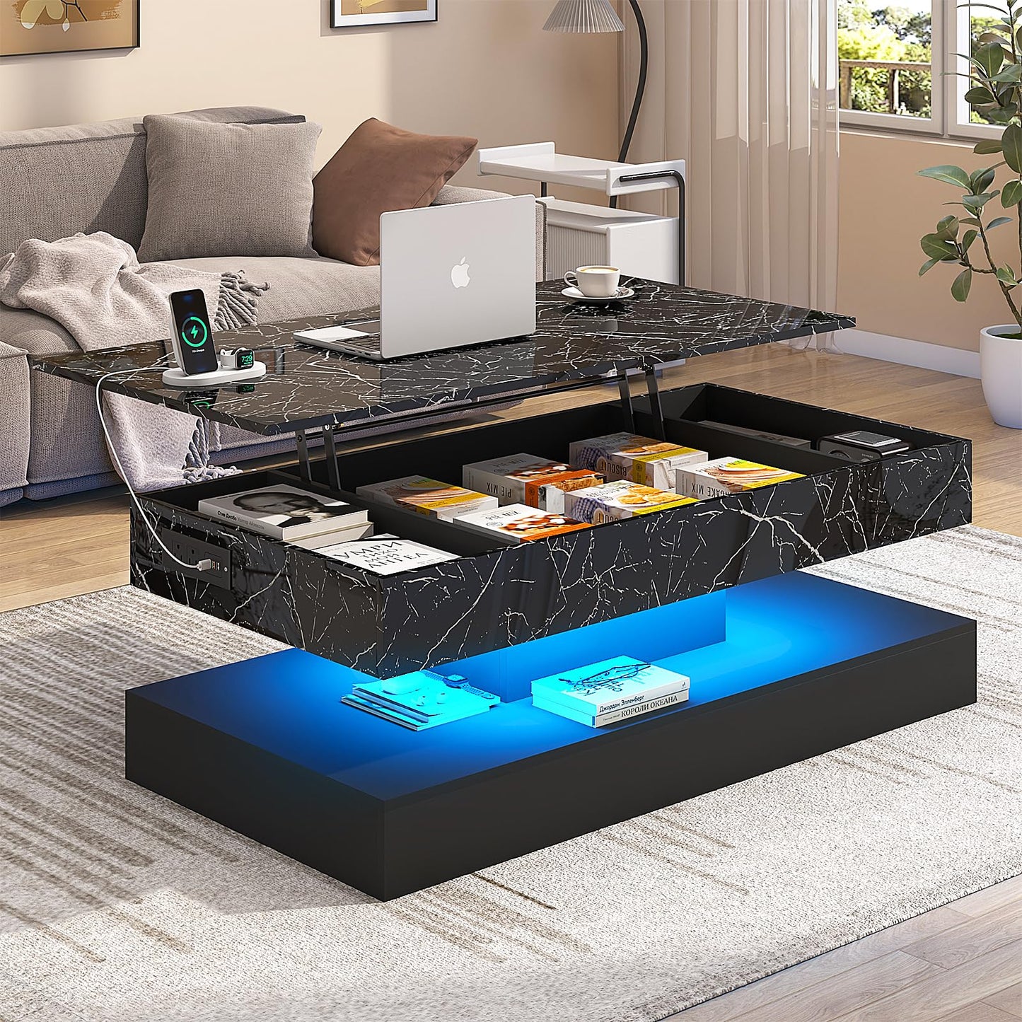 chartustriable 47.2" Large Lift Top Coffee Table with Charging Station, LED Modern High Glossy Center Table with Hidden Compartment Storage, White Lift Living Room Tables with Marbling Print, Black