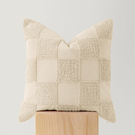 Double Stitch Checkered Throw Pillow Covers - 100% Cotton Tufted Boho Decorative Pillow Covers 18x18, Made in India, Square Cushion Case, Modern Home Decor for Couch, Sofa, Living Room, Oat