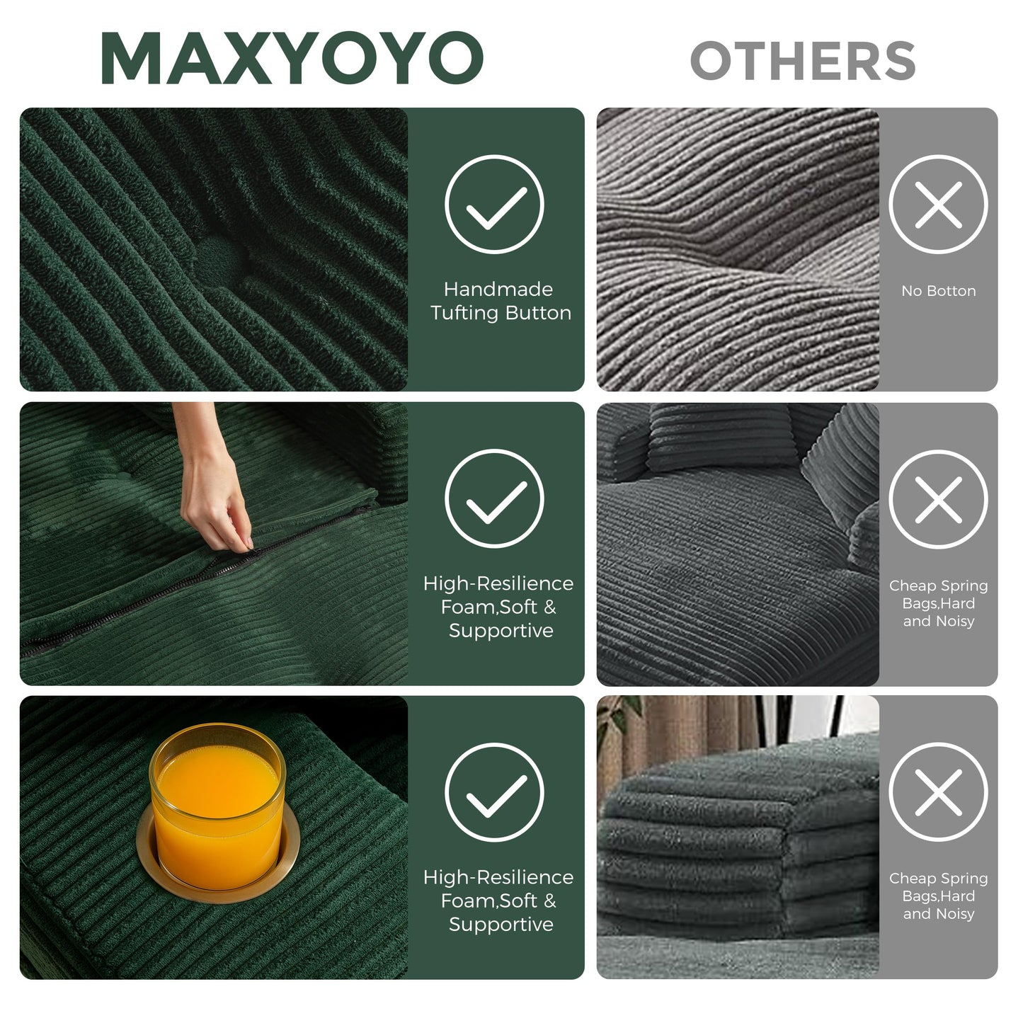 MAXYOYO Oversized Chaise Lounge Sofa, Upholstered Lounge Chair with 3 Pillows Indoor, Tufted Boneless Sofa Couch with Ottoman, Deep Seat Sleeper Chair for Living Room, Bedroom, No Assembly, Green