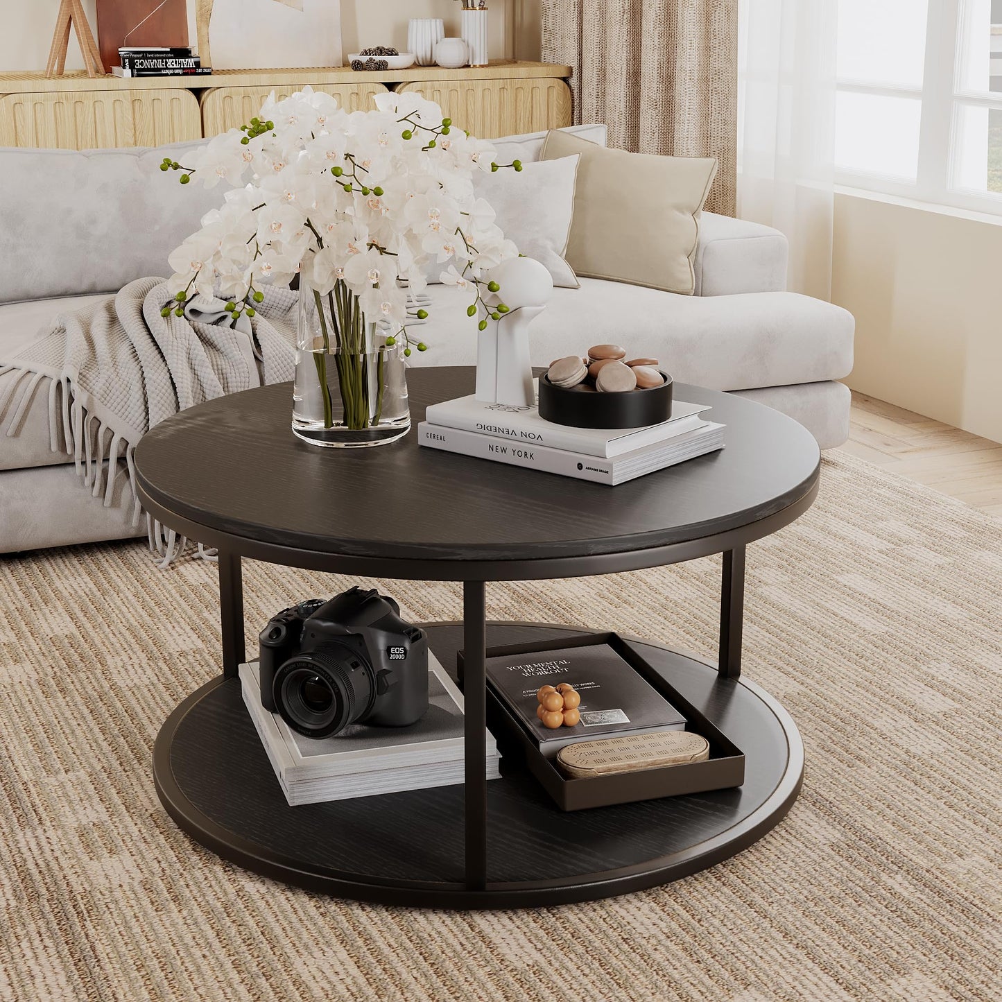 YESHOMY 36“ Black Round Coffee Table, Coffee Tables for Living Room, Metal & Wood Round Table, Small Space Solution for Living Room Furniture, Black