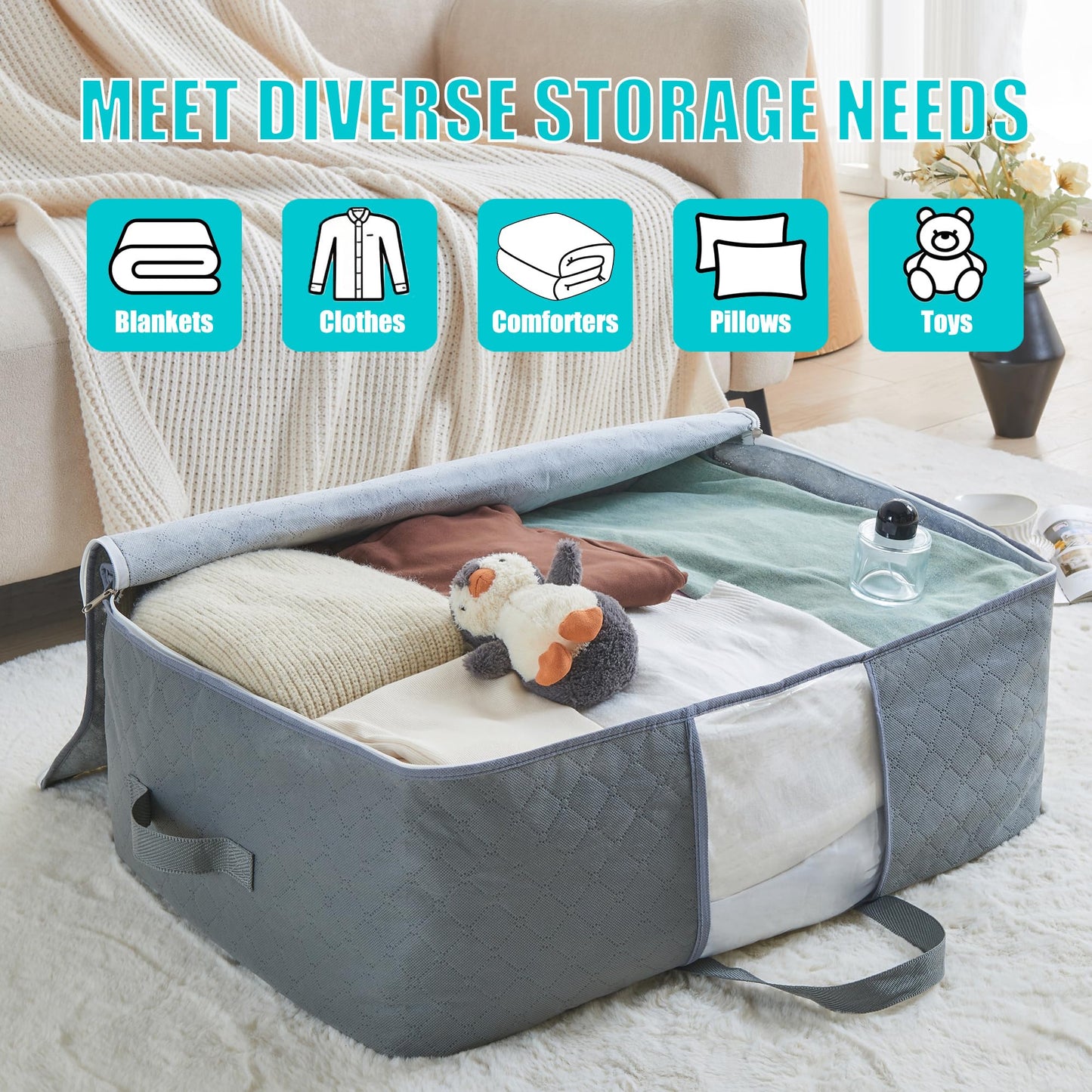 105L Extra Large Storage Bags for Blankets, King Comforters, Bedding, Clothes, Pillows, Sheets - Closet Organizers and Storage with 4 Handles & Clear Window, Foldable & Breathable (Grey, 3pack)