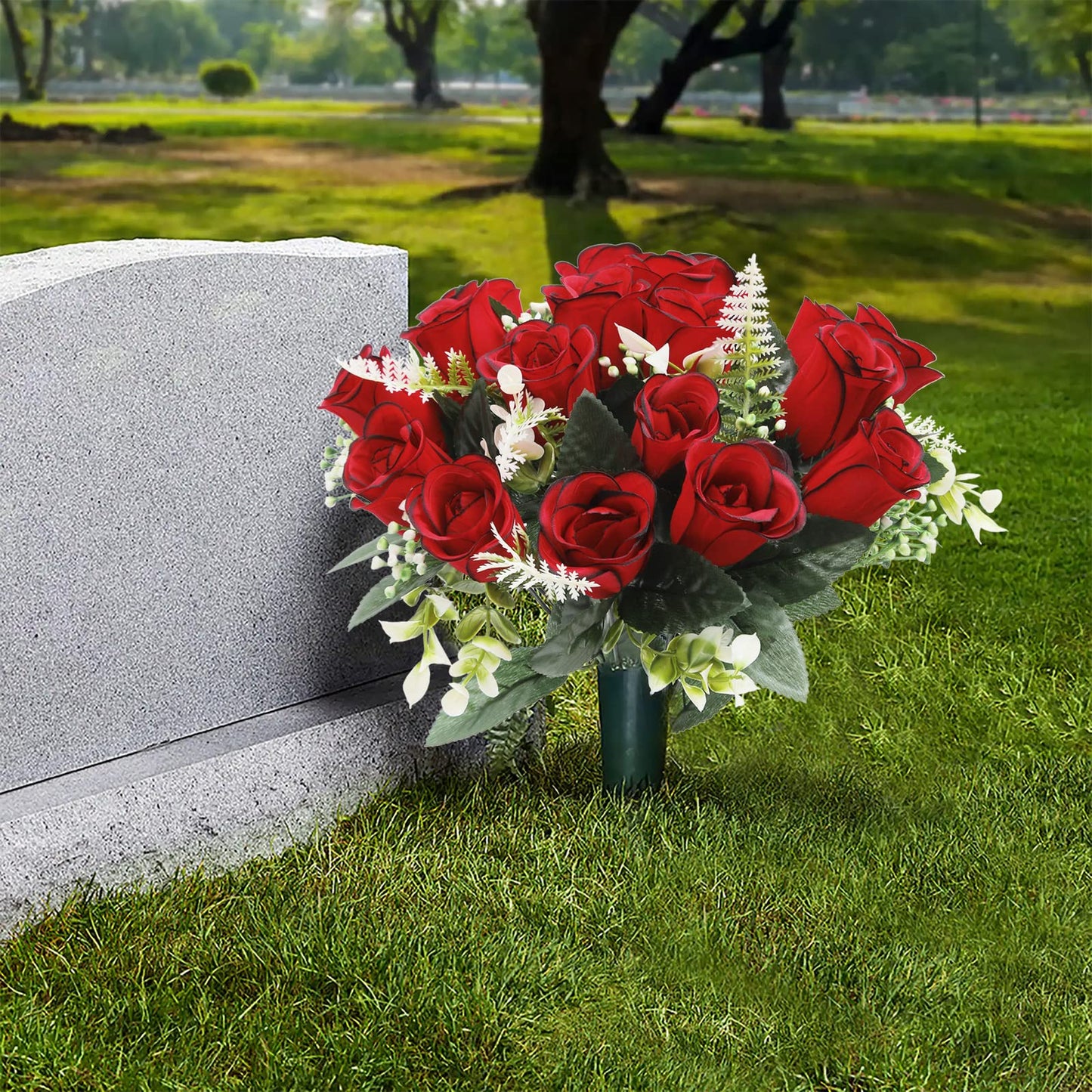 U'Artlines 2Pcs Artificial Cemetery Flowers for Grave Silk Memorial Red Rose Flowers Outdoor Grave Flowers for Grave Vase Cemetery Flower Arrangements (Not Included Vase)
