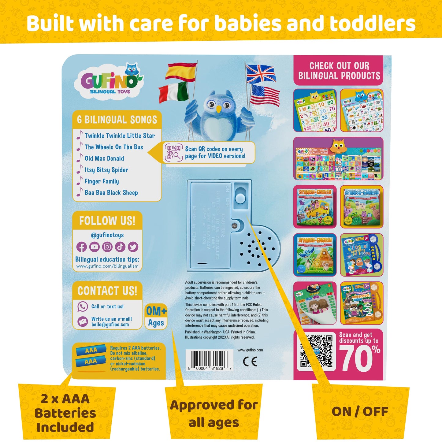 Bilingual Baby Books Spanish & English - Nursery Rhyme Books for Babies and Toddlers with Sound: Great Book to Learn Spanish for Kids, Award Winning Bilingual Sound Books Learning Toys by GUFINO