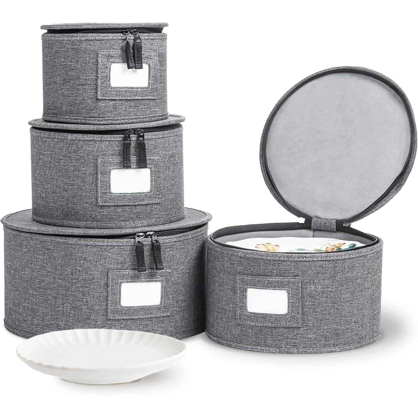 storageLAB China Storage Containers, Hard Shell Case with Felt Dividers for Charger Plates, and Dishes, Ideal for Kitchen Organization, Moving Supplies, and Fine China Storage - 4-Piece Set, Gray