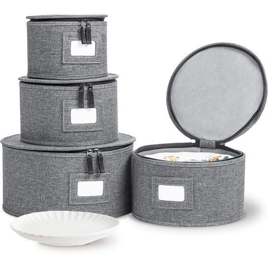 storageLAB China Storage Containers, Hard Shell Case with Felt Dividers for Charger Plates, and Dishes, Ideal for Kitchen Organization, Moving Supplies, and Fine China Storage - 4-Piece Set, Gray