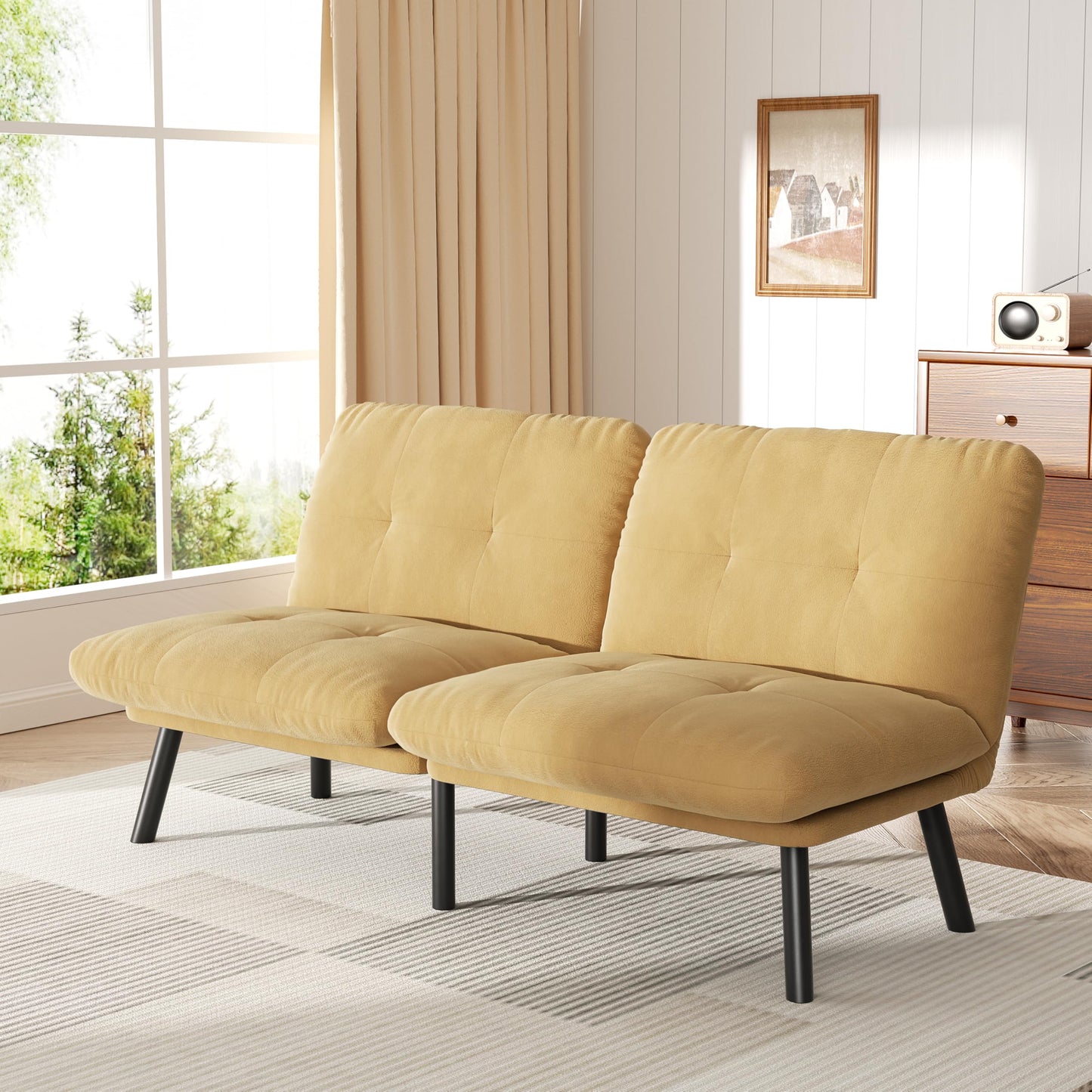 homeokay Futon Sofa Sleeper Couch Bed with Adjustable Backrest Thick Cushion Velvet Fabric for Department Living Room Lounge Sofa Loveseat (Brown)