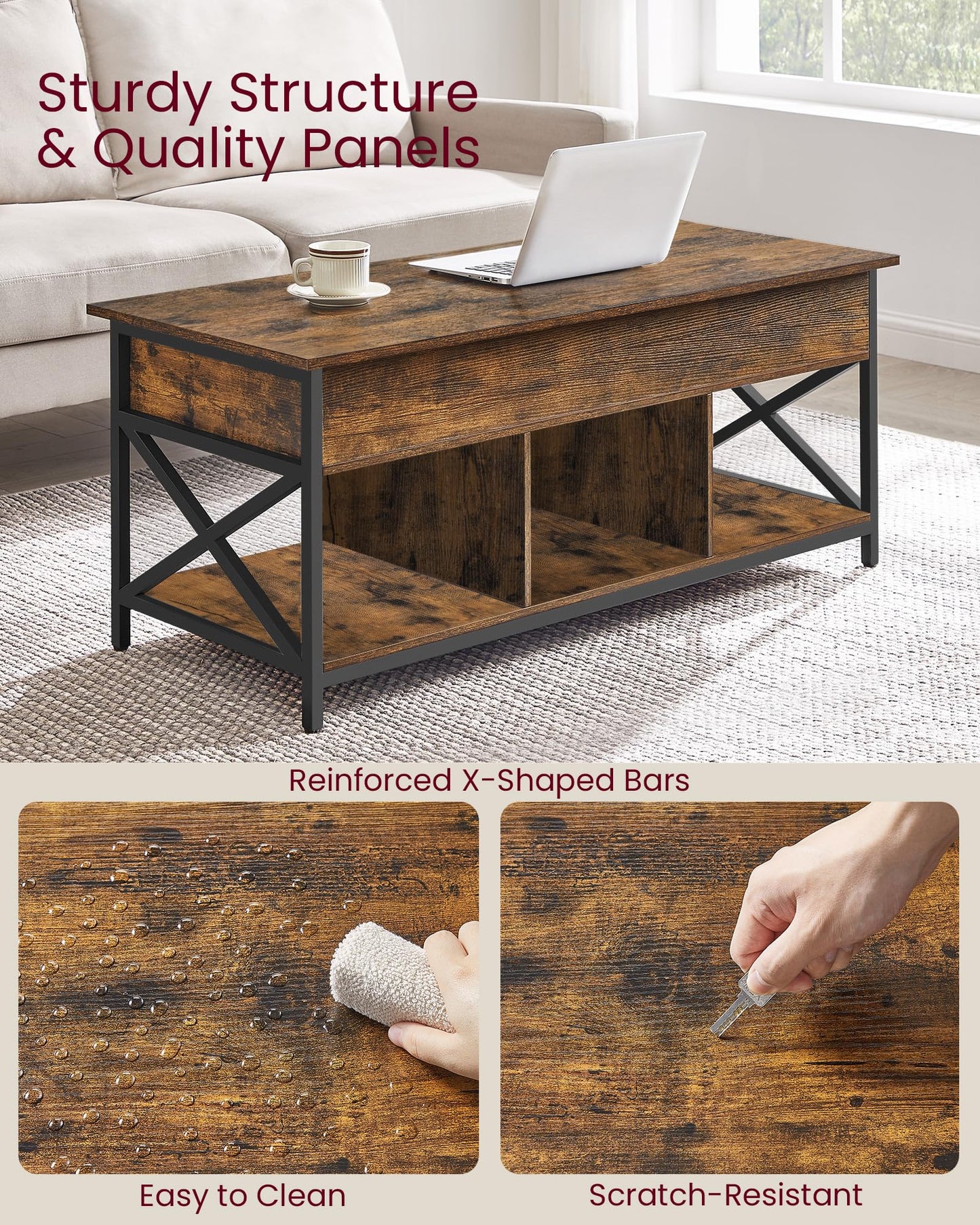 VASAGLE Lift Top Coffee Table, Lift Coffee Table with Storage Shelf, Hidden Compartments and Lifting Top, for Living Room, Office, 19.7 x 47.2 x (19.3-24.4) Inches, Rustic Brown and Black ULCT212B01