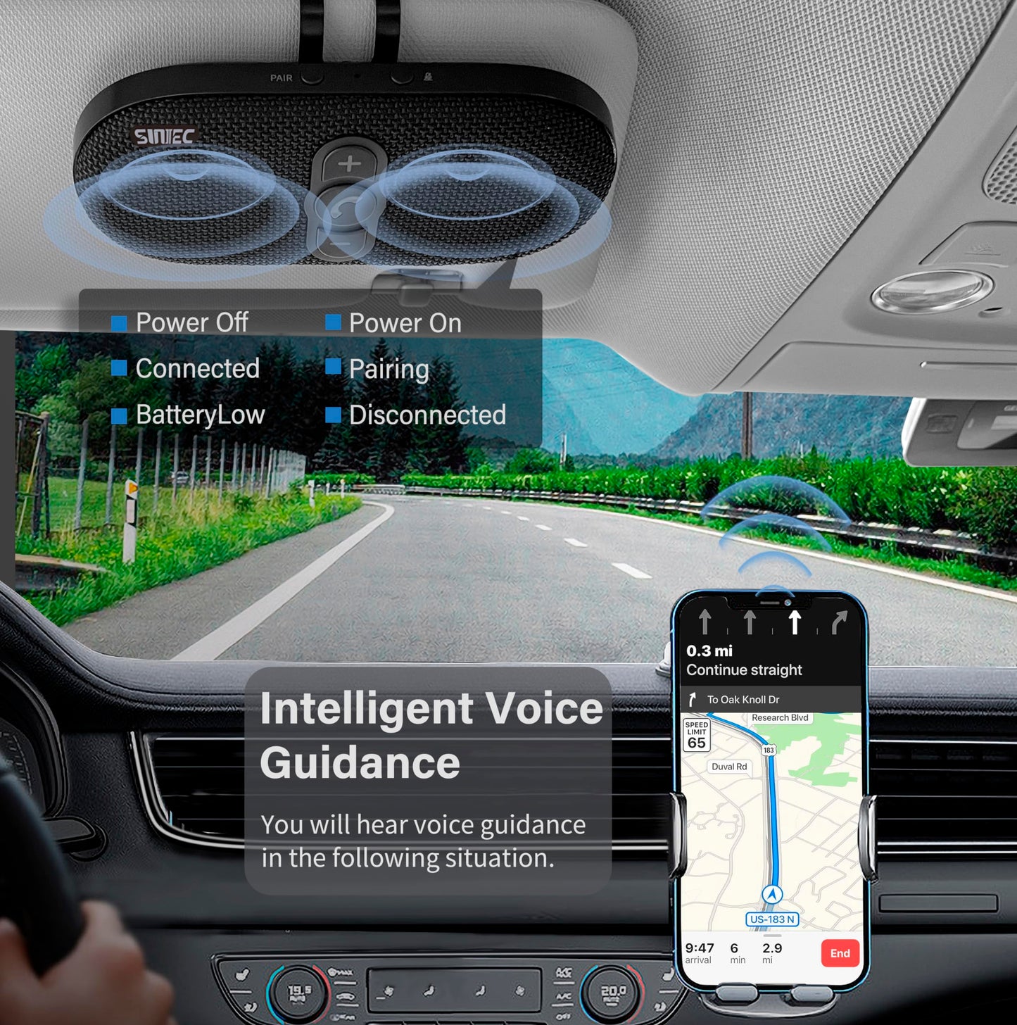 Sunitec Bluetooth Car Speaker Phone: Hands Free Calling Kits 6W in car Speakerphone for Safe Driving - Support Siri Google Assistant Voice Calls/Motion Auto ON Off - BC990P