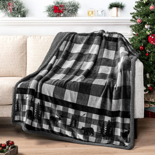 Pavilia Winter Cabin Sherpa Blanket Throw | Flannel Fleece Christmas Plaid Blanket | Plush, Soft, Warm, Cozy, Reversible Microfiber Throw 50x60 (Grey)