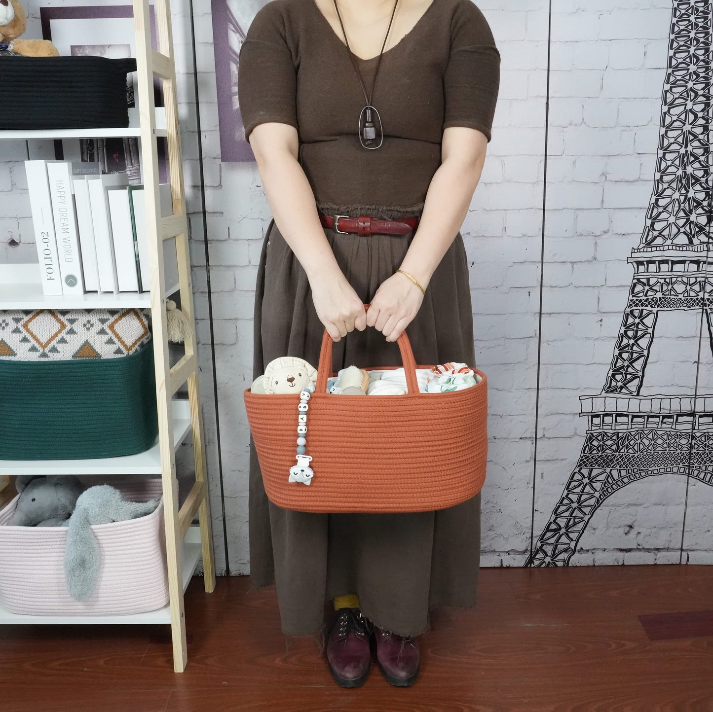 XUANGUO Large Baby Diaper Caddy Organizer for Girl Boy Rope Nursery Storage Bin Basket Portable Holder Tote Bag for Changing Table Car Travel Baby Shower Gifts Registry Must Haves Rustic