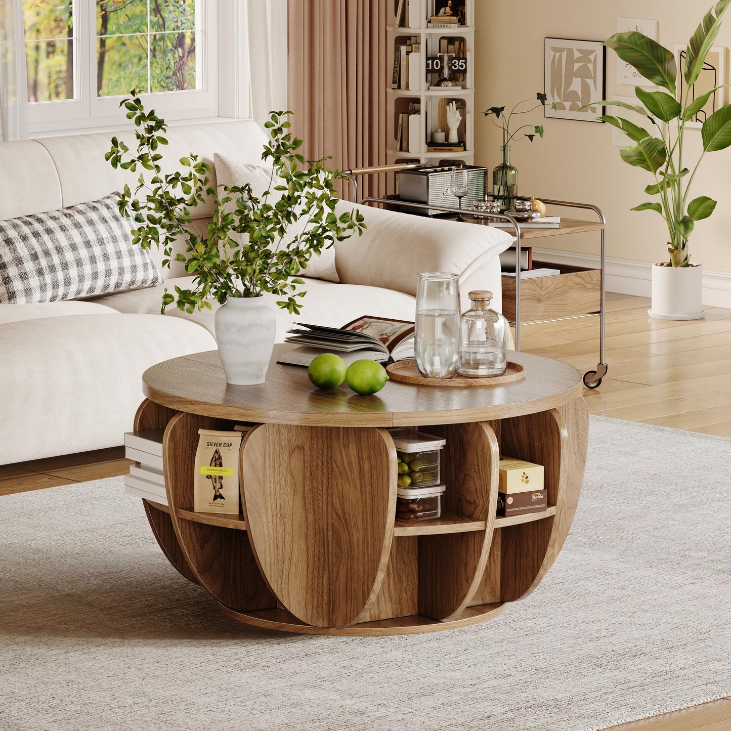 32.7" Lift Top Coffee Table with Storage, Wood Round Center Table with Hidden Storage Compartment & Shelves, Mid Century Modern Coffee Tables for Living Room Rustic Accent Small Center Table