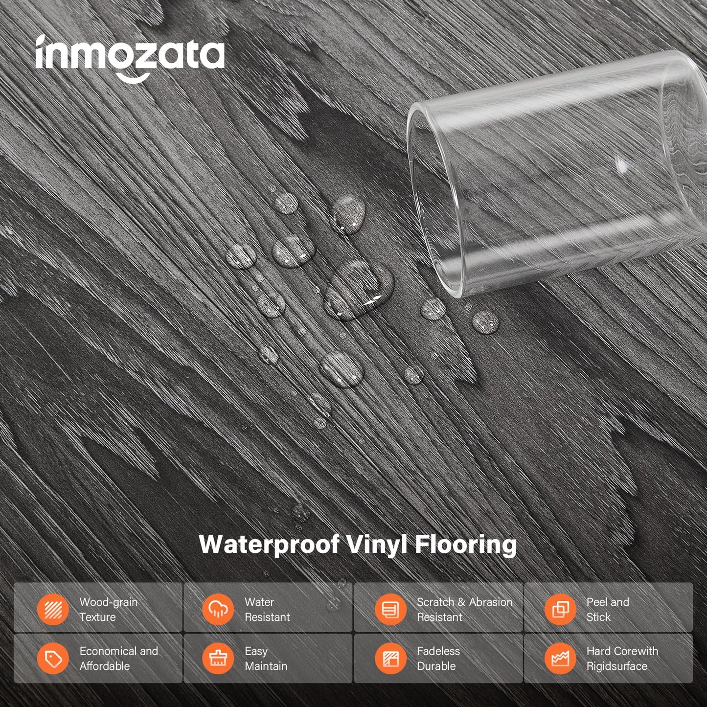 INMOZATA Peel and Stick Floor Tile Vinyl Flooring, Waterproof Vinyl Plank Flooring 36-Pack 54 Sq.Ft Wood Grain Self Adhesive Peel and Stick Flooring for Bedroom, Living Room, Kitchen, RV(Deep Gray)