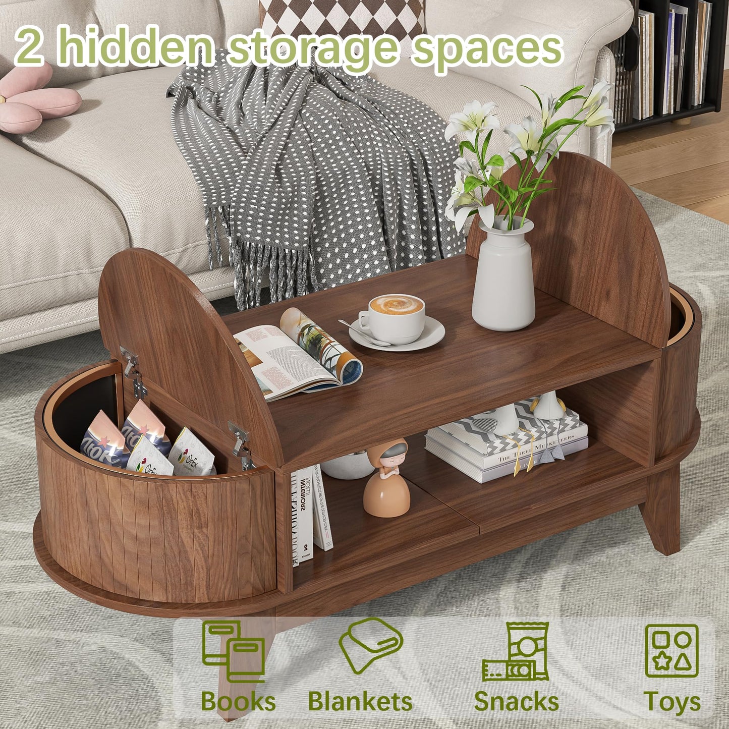 Coffee Table with Storage,Mid Century Modern Coffee Tables with 2 Flip-Top Hidden Lids,Fluted Coffee Table,Wood Center Tables for Living Room Home Office (Walnut Color)