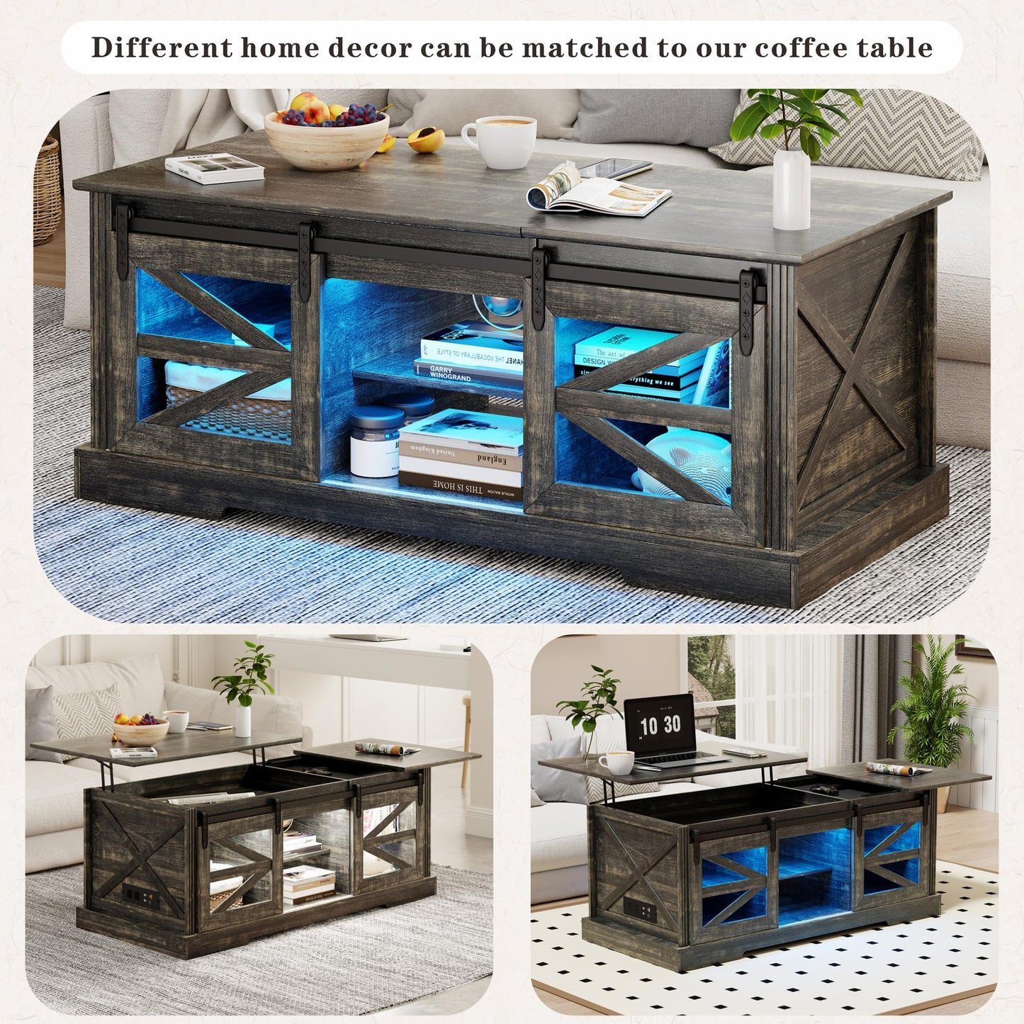 Lift Top Coffee Table with Gun Cabinet, 2 Sliding Barn Doors-Large Storage and 3 Color LED Lights fit Modern Rectangular Rustic Living Room Center Table（Dark Oak）