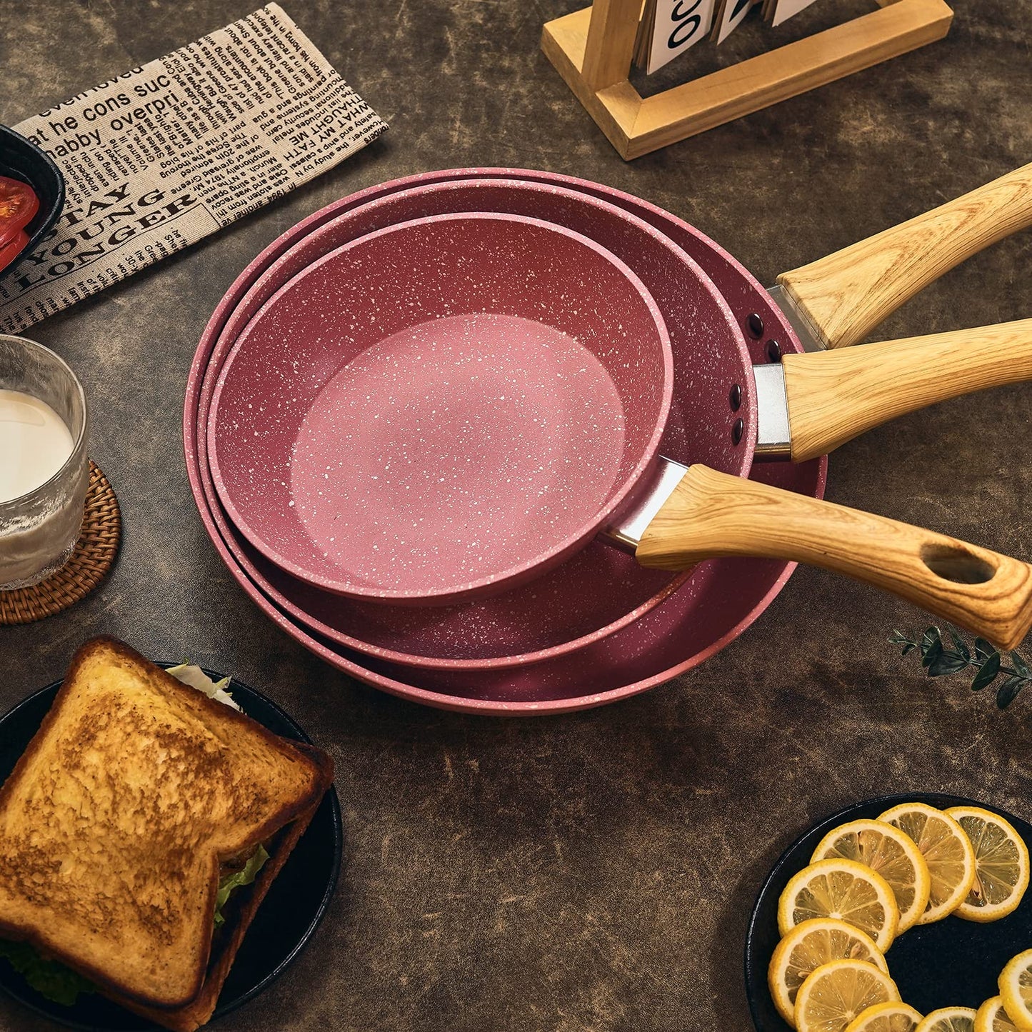 Frying Pan Nonstick Set, 8" & 9.5" & 11" Pink Egg Pan, Non Stick Fry Pan Set PFOA-Free Omelet Pan, Toxin-Free Skillets Stone Cookware, Anti-Warp Base with All Stove Tops Available,Induction Compatible