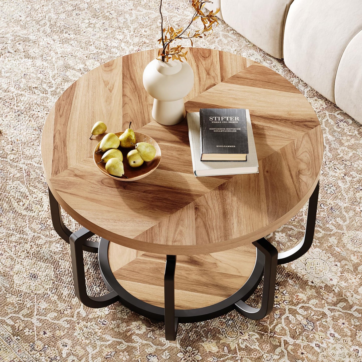 LIKEMET Round Coffee Table, 32" Circle Coffee Table for Living Room with 2-Tier Storage Shelves, Pumpkin Accent Center Table with Wood Grain Desktop for Living Room, Halloween