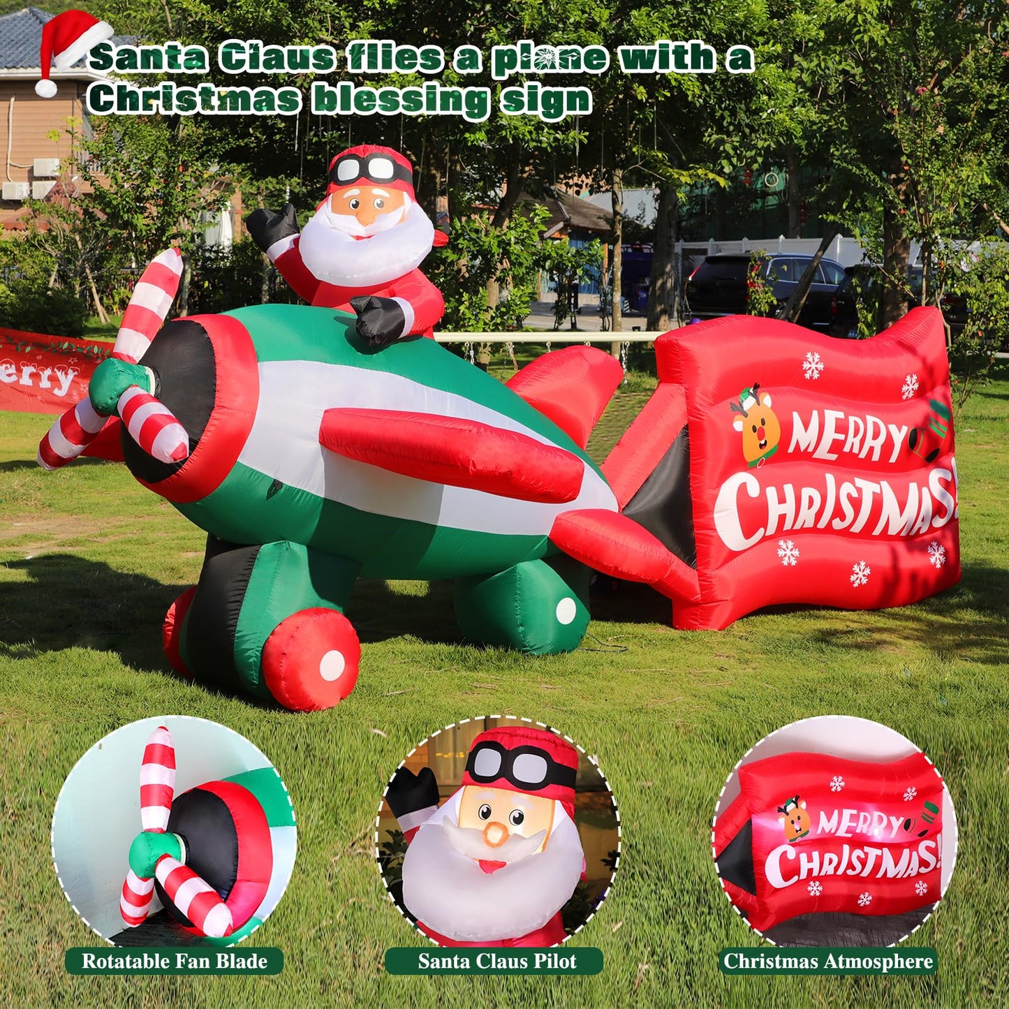 Omdekor 10.5 FT Christmas Inflatables Santa Claus on Animated Helicopter, Giant Blow Up Santa Flying Airplane, Built-in Light Inflatable Outdoor Decoration for Xmas Yard Holiday Party Garden Lawn