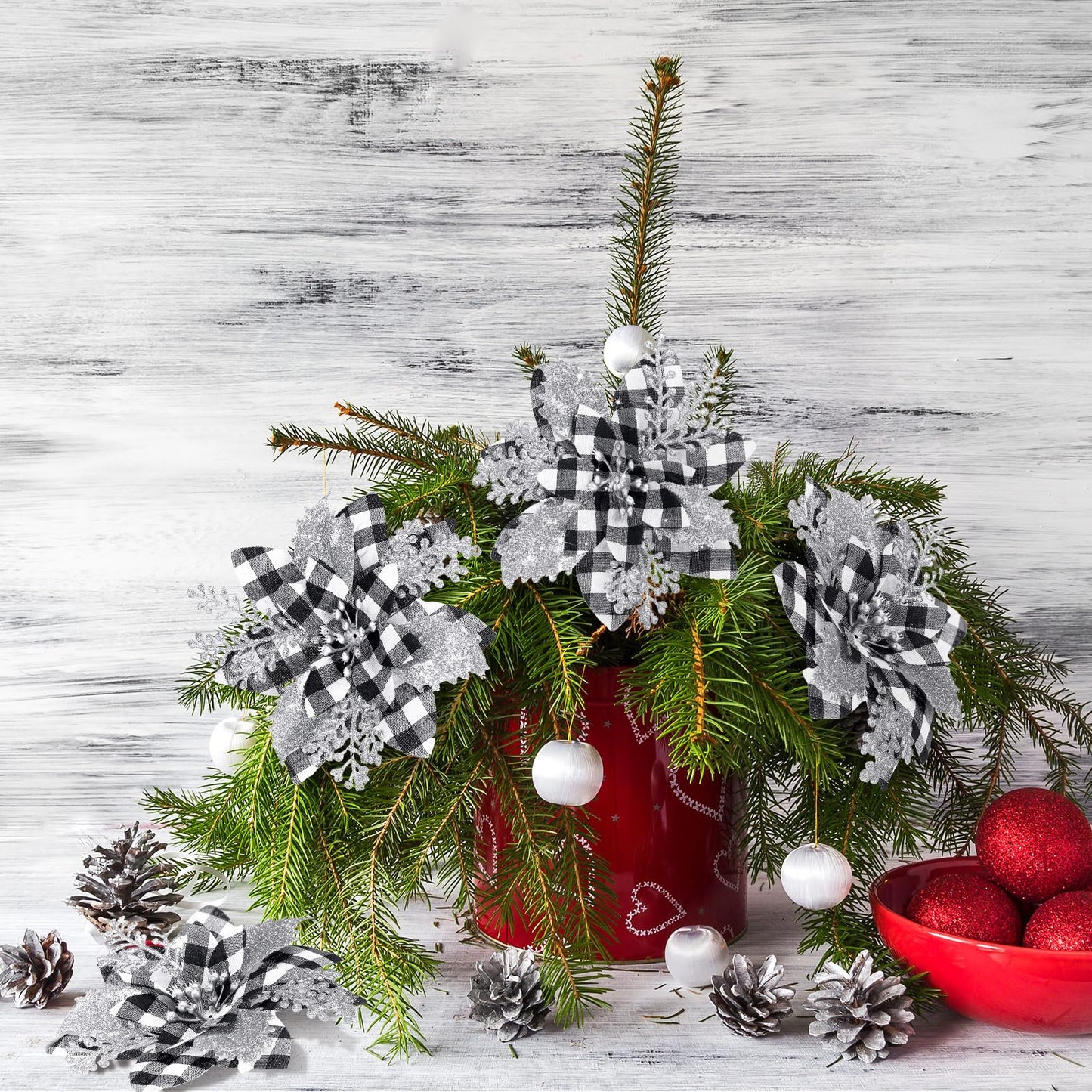Canlierr 5.7 Inch Artificial Poinsettias Christmas Glitter Flowers with Clips Xmas Tree Flower Ornament Poinsettias Decor (Black and White Buffalo with Silver Petals,24 Pieces)