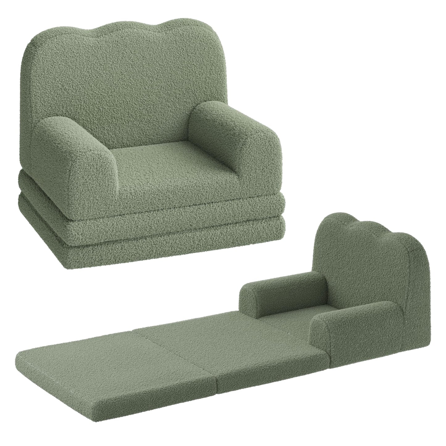GarveeHome Kids Couch, 2-in-1 Comfy Toddler Couch Fold Out, Convertible Sofa to Lounger with Cute Wave Design, Foam Kids Chair with Soft Sherpa, Gift for Girls and Boys (Green Wavy)
