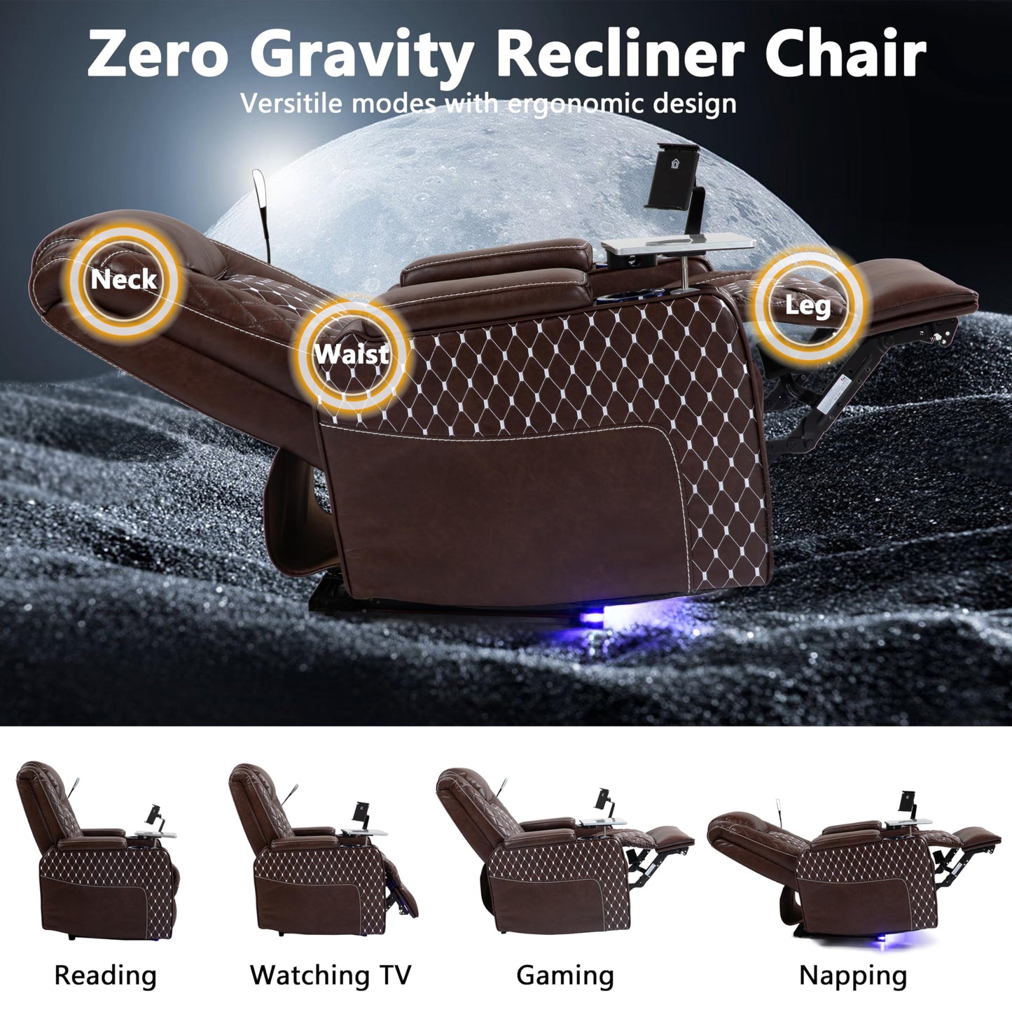 JIKFRIMA Power Zero Gravity Recliner Chair for Adults Breathable Leather Electric Recliners Adjustable Home Theater Seating with Smart Cup Holders, USB Ports, Hidden Arm Storage, Tray Table