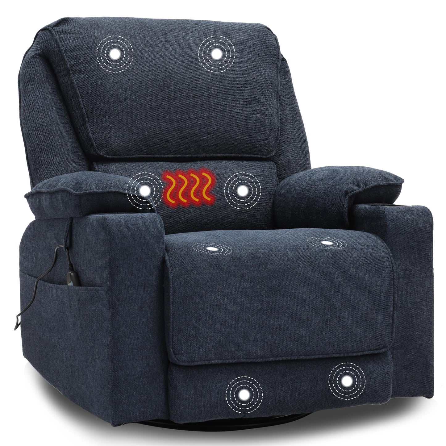 LOUVIXA Swivel Glider Recliner Chair for Adults,Manual Recliner with Massage and Heat, Linen Cotton Fabric Ergonomic Lounge Chair with Cup Holder for Living Room, Bedroom, Nursery (Navy Blue)
