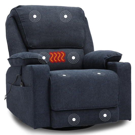 LOUVIXA Swivel Glider Recliner Chair for Adults,Manual Recliner with Massage and Heat, Linen Cotton Fabric Ergonomic Lounge Chair with Cup Holder for Living Room, Bedroom, Nursery (Navy Blue)