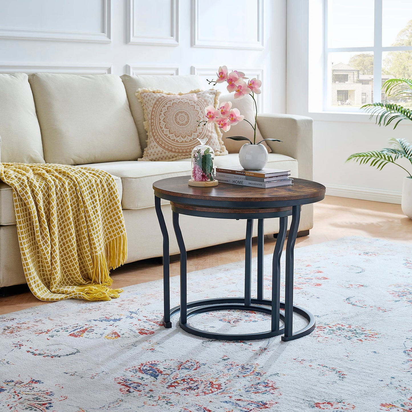 Hoctieon Nesting Coffee Tables, Round Nesting Tables Set of 2, End Tables, Stacking Nesting Tables for Living Room, Circle Coffee Tables, Side Tables Wooden Table Top, Rustic Brown