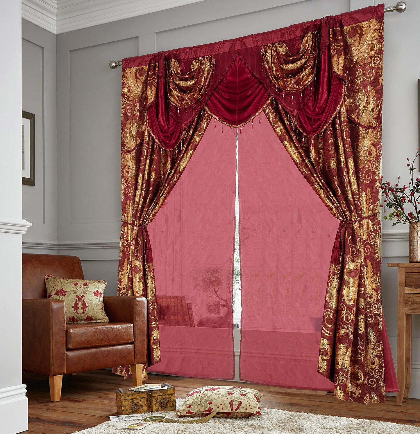 GLORY RUGS Jacquard Luxury Window 2 Panel Set Burgundy Gold Curtain with Attached Valance and Backing Bedroom Living Room Dining 2 Curtains 55x84 inches Each Jana