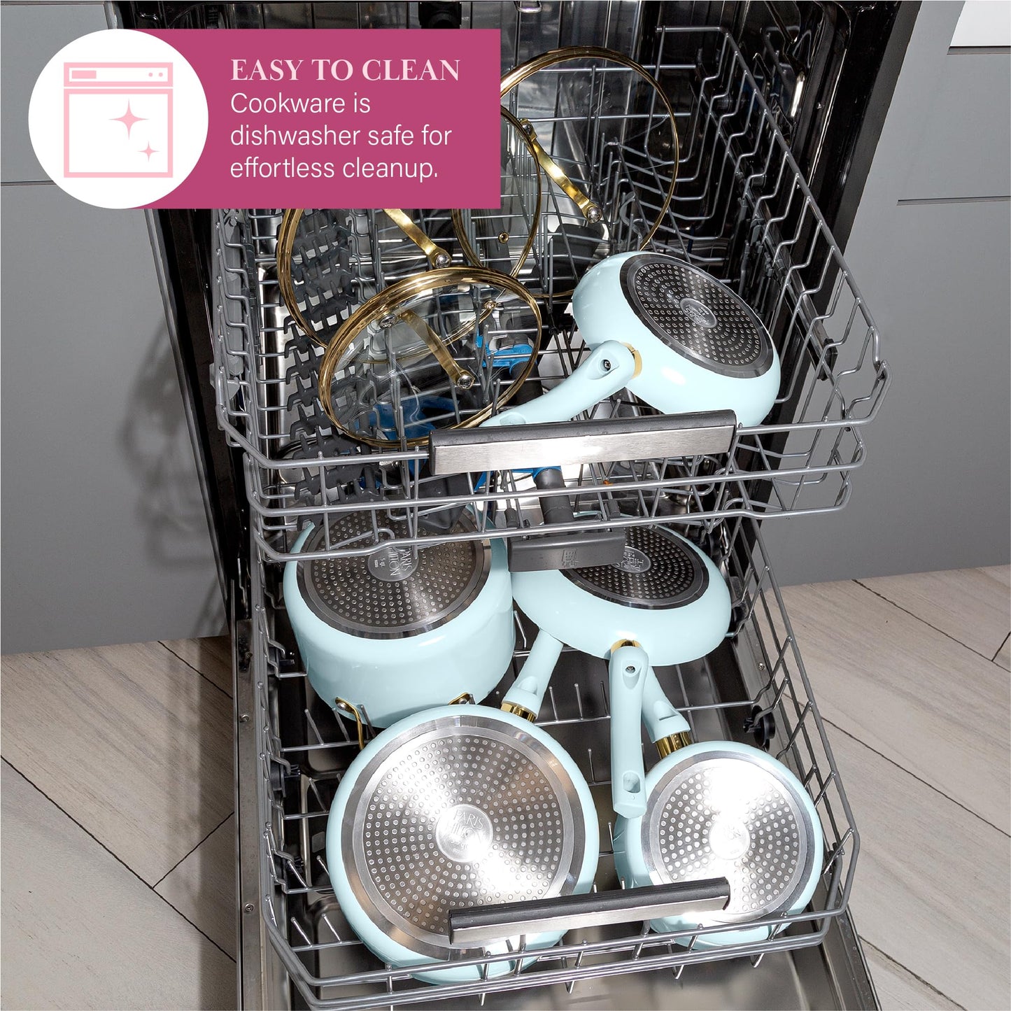 Paris Hilton Epic Nonstick Pots and Pans Set, Multi-layer Nonstick Coating, Tempered Glass Lids, Soft Touch, Stay Cool Handles, Made without PFOA, Dishwasher Safe Cookware Set, 12-Piece, Aqua