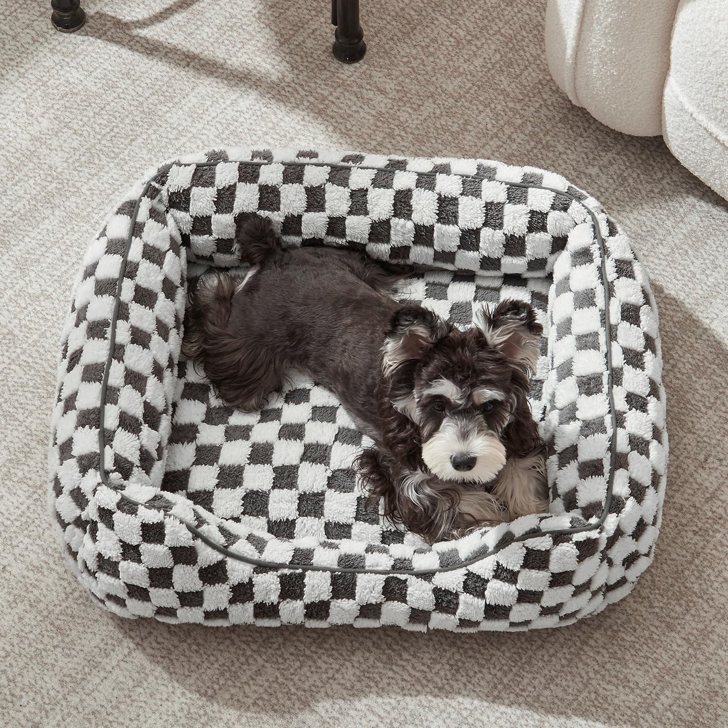 JOEJOY Dog Bed for Large Medium Small Dogs - Rectangle Orthopedic Dog Sofa Bed, Cute Modern Puppy Bed with Jacquard Shaggy Plush & Anti Slip Bottom, 30x24x9inches, Grey