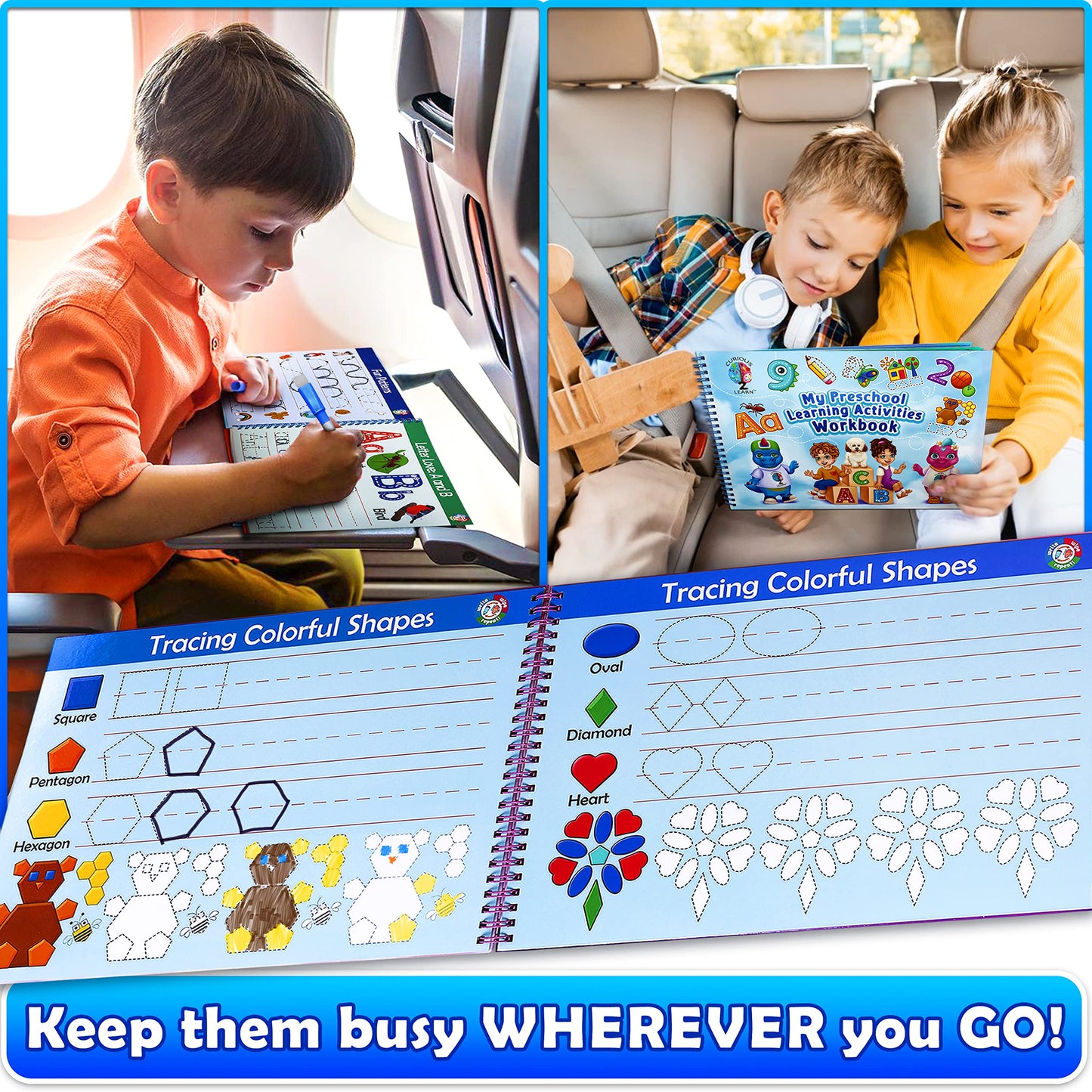 Curious 2 Learn Toddler Preschool Learning Activities | Handwriting Practice for Kids | Workbook Learning Resources| Tracing Kindergarten Workbooks | Busy Book | 4 Year Old Boy Birthday Gift | Blue