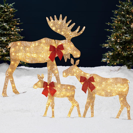 Best Choice Products 2D Moose Family Outdoor 3pc Christmas Yard Décor, 4ft Lighted Set Prelit All-Weather w/ 195 LEDs, Ground Stakes - Gold