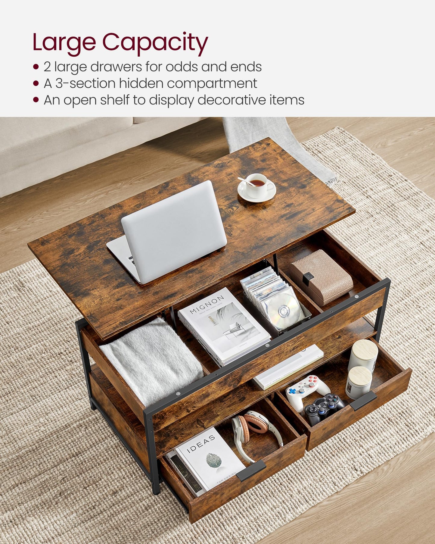 VASAGLE Lift Top Coffee Table with Storage Drawers, Coffee Table for Living Room with Lifting Top, Hidden Compartments and Open Shelf, Rustic Brown and Ink Black ULCT209K01