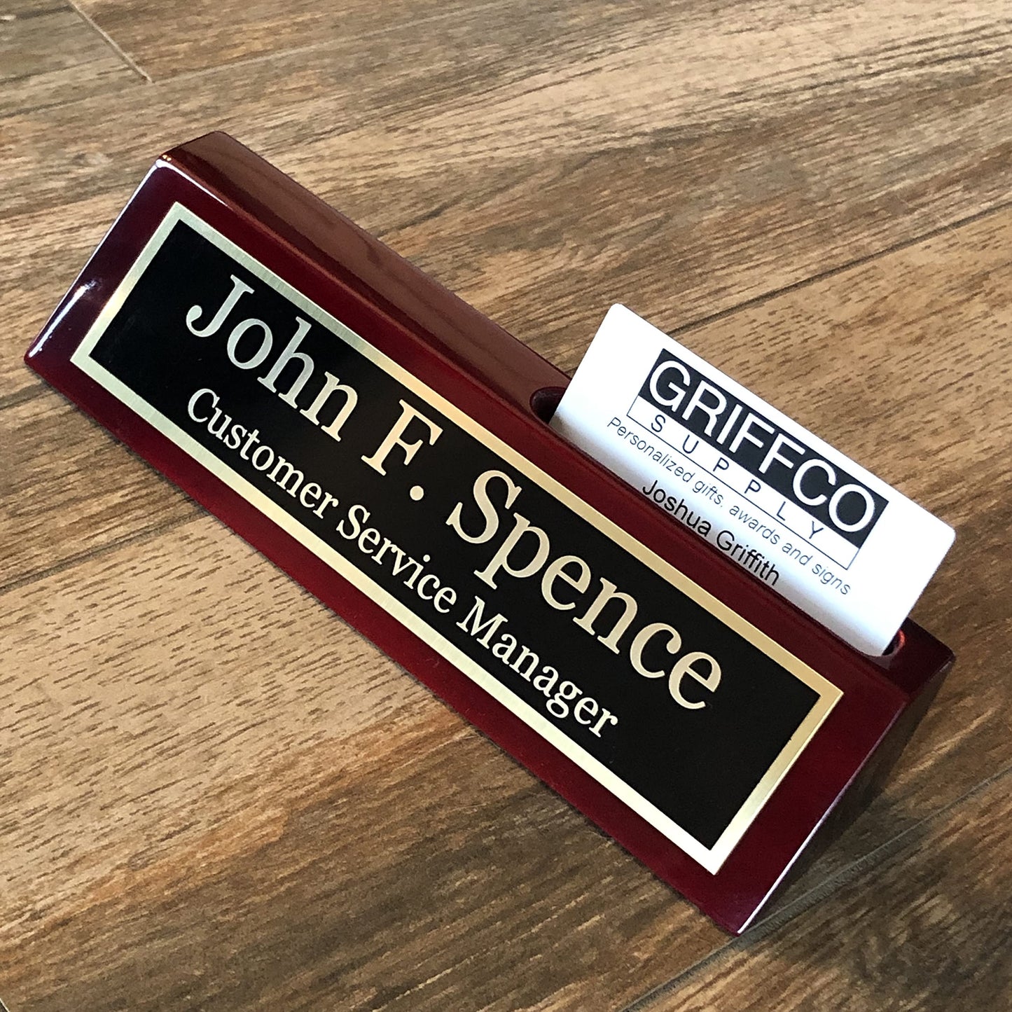 Name Plate for Desk Engraved in USA by Griffco Supply | Desk Name Plate Personalized Engraved with Business Card Holder
