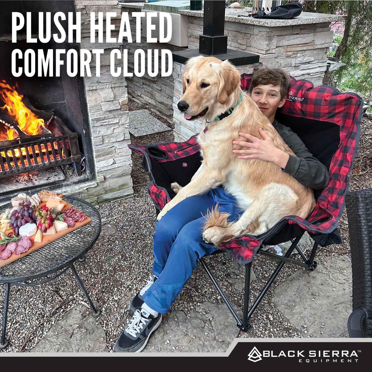 Black Sierra Heated Camping Chair for Adults, Oversized Outdoor Seat with Plush Padding, Supports 400lbs, Cup Holders and Carry Bag, Heavy Duty Folding Chair for Tailgating, Patio, or Sideline Comfort