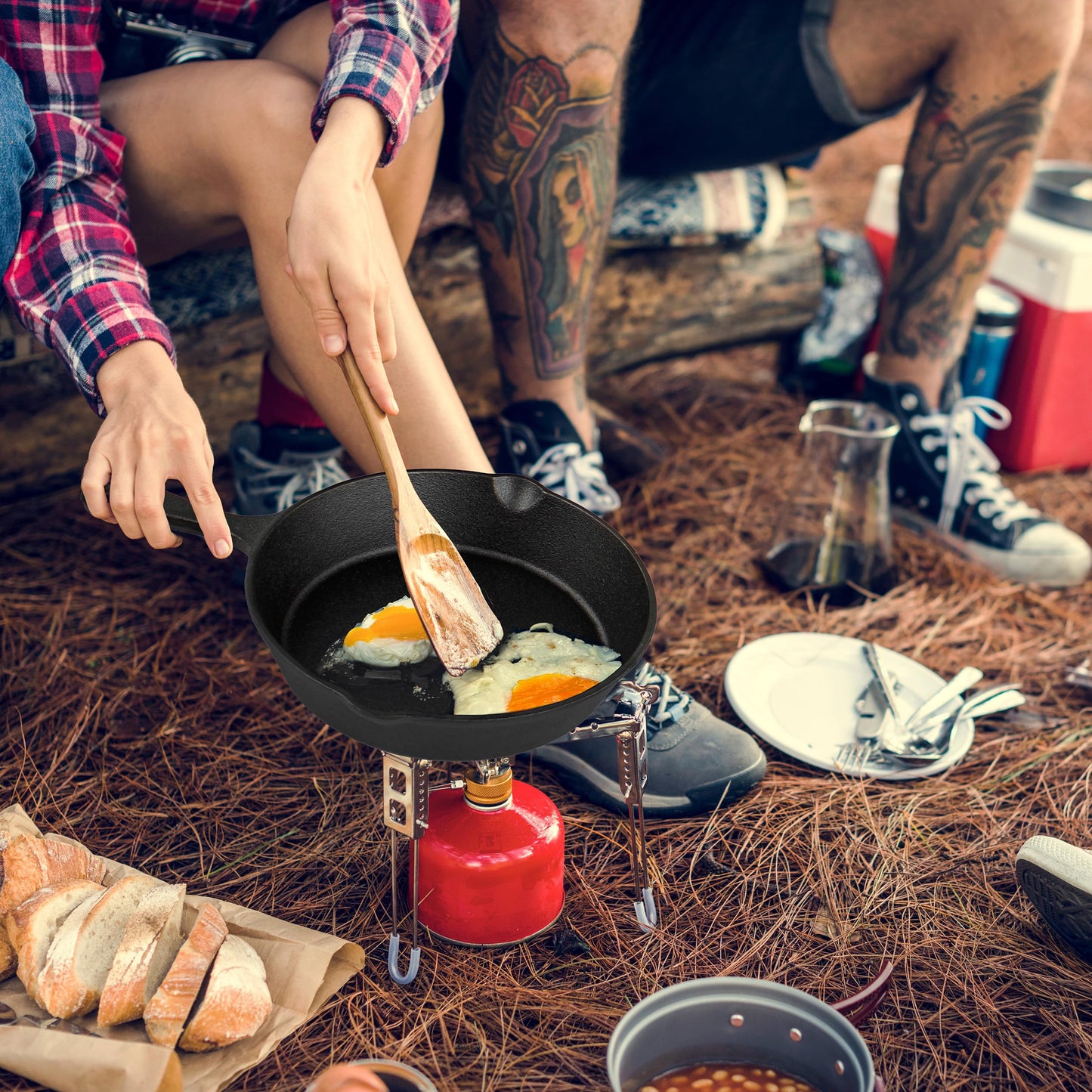 Lot45 Pre-Seasoned Dutch Oven Camping Cooking Set Cookware - Cast Iron Griddle, 4qt Dutch Oven, Griddle Pan, Frying Pan, Pre-Seasoned Cast Iron Camping Cooking Set with Storage