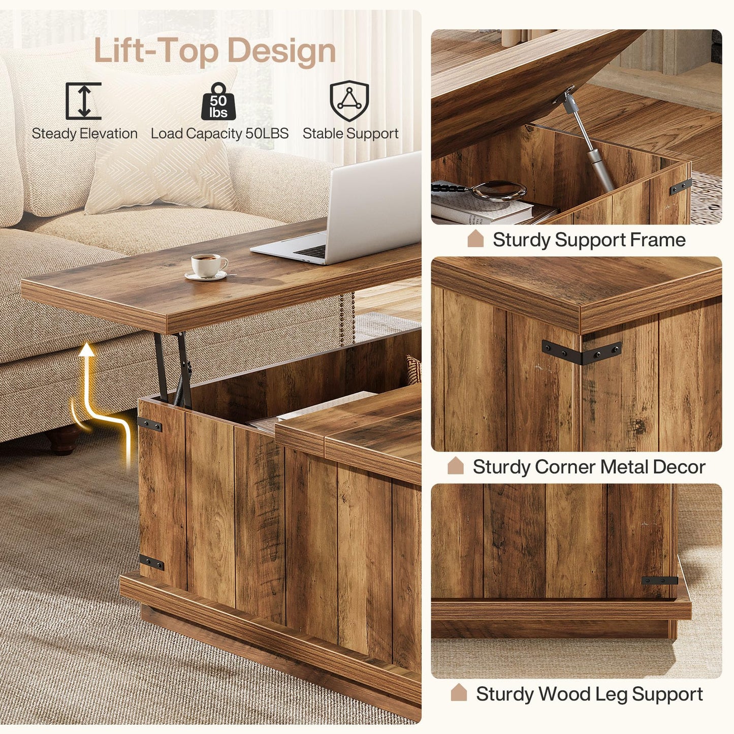 Tribesigns Farmhouse Lift Top Coffee Table, 33.46'' Square Wooden Center Cocktail Table with Large Hidden Storage Compartment for Living Room, Rustic Brown