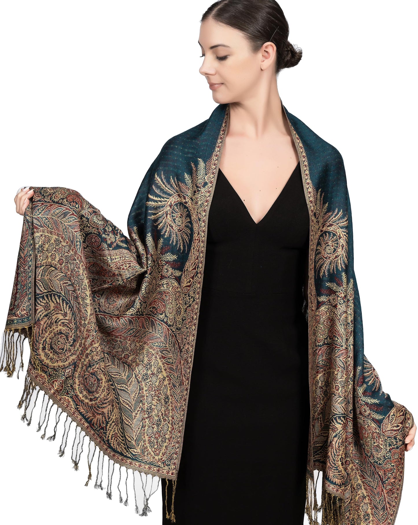 Achillea Reversible Paisley Pashmina Rave Scarf, Shawls and Wraps for Evening Dresses, Exotic Indian Scarves for All Season