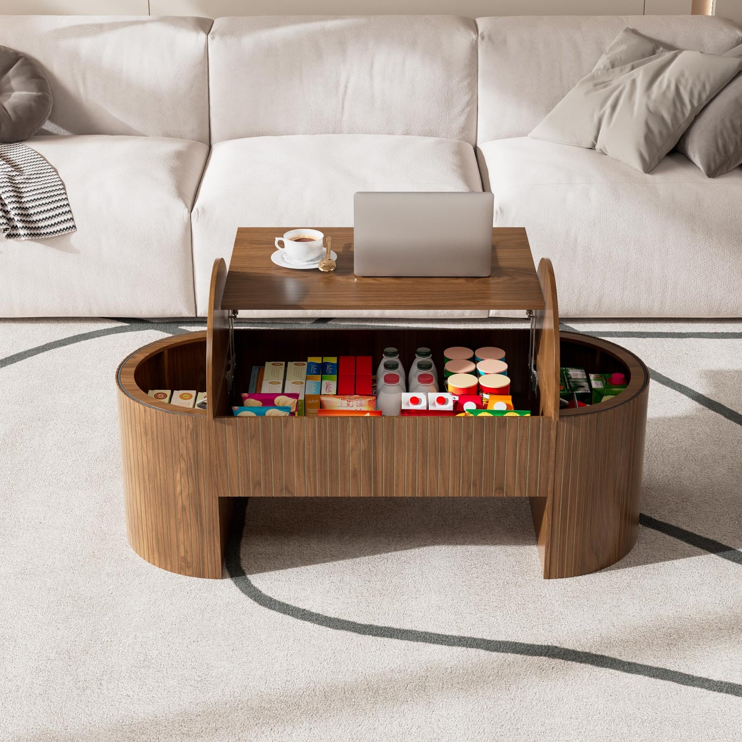 Lift Top Coffee Table with Hidden Storage Compartment, Oval Wooden Coffee Table with Lift Tabletop for Living Room, Mid Century Modern Center Table for Home Office, 47 Inch (Walnut)