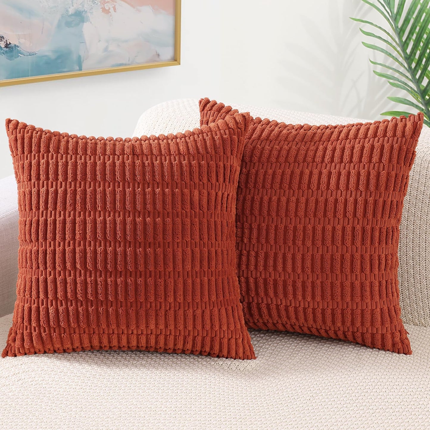 decorUhome Rust Neutral Decorative Fall Throw Pillow Covers 24x24 Inch Set of 2, Boho Soft Corduroy Striped Square Pillow Covers Modern Twill Pillow Covers for Couch Bed Sofa Living Room