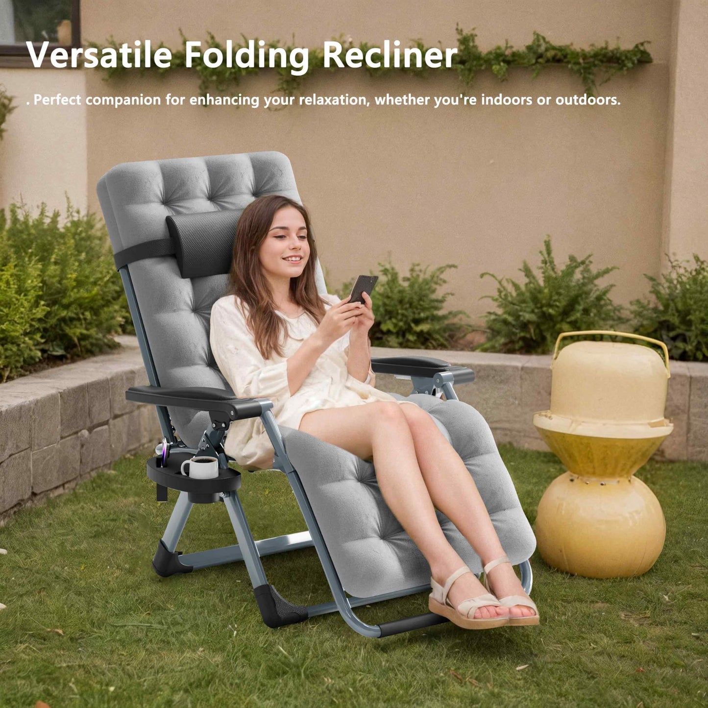 Seeutek Outdoor Zero Gravity Chair - Adjustable Steel Mesh Folding Recliner with Removable Extra Thick Cushion and Upgraded Lock and Cup Holder for Patio, Camping, Indoor, Outdoor - Grey