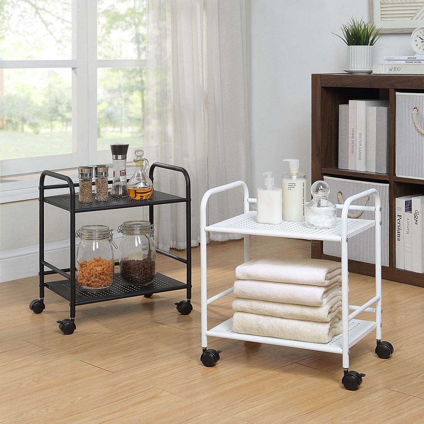 SunnyPoint 2-Tier Metal Rolling Utility Cart – Mobile Storage Shelf with Caster Wheels – Small Space Organizer for Home, Office, Bedroom, Kitchen (WHT)