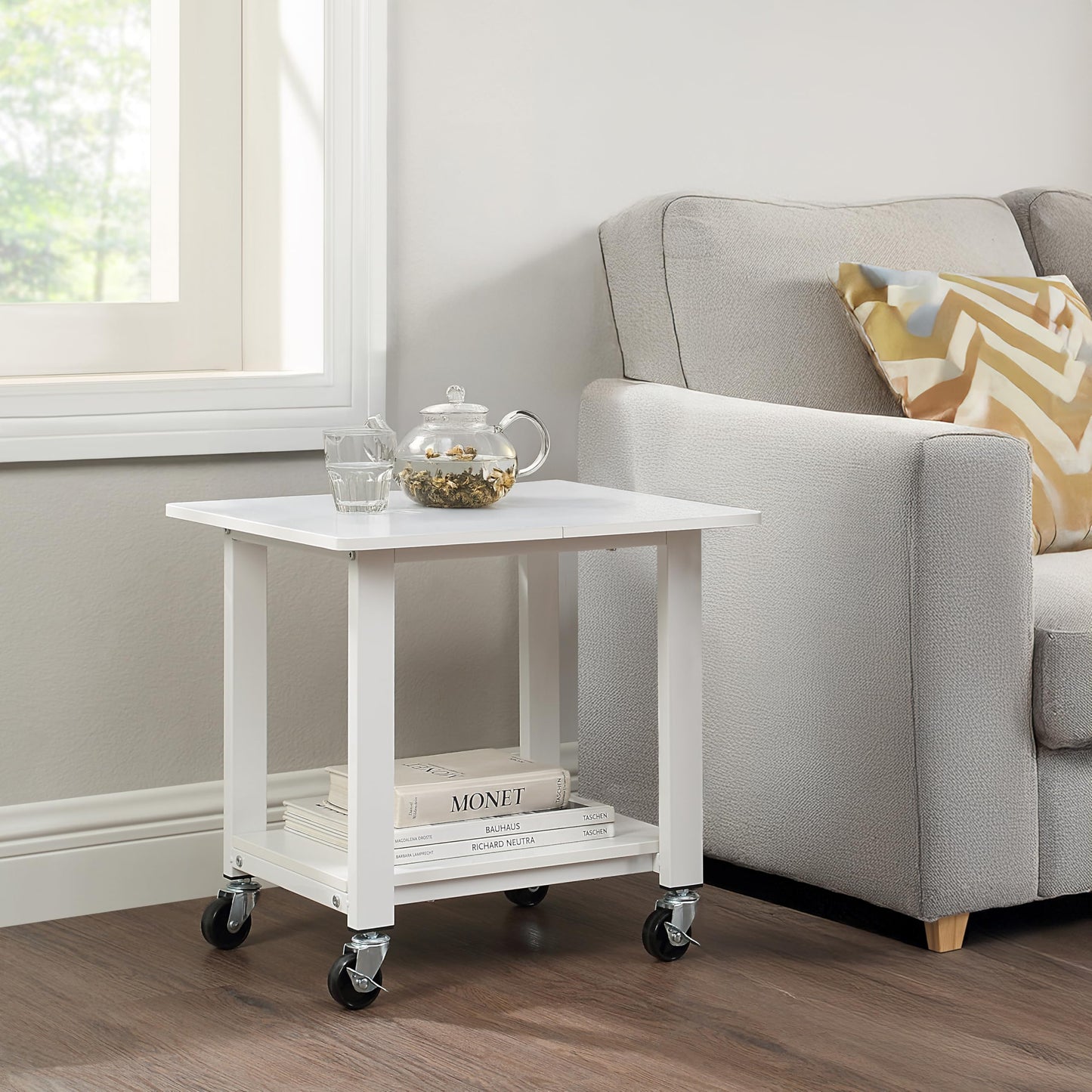 SunnyPoint 2-Tier Under Desk Printer Stand with Storage Shelf and Steel Frame, Industrial Mobile Printer Cart Holder with Lockable Wheels for Home and Office (WHT)