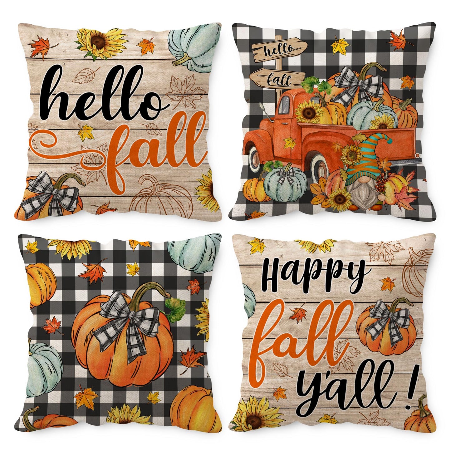 Unibyby Fall Pillow Covers 18x18 Set of 4 Hello Pumpkin Outdoor Throw Pillow Covers Home Decor Buffalo Check Plaid Pillowcase Square Cushion Covers for Sofa Bed Couch