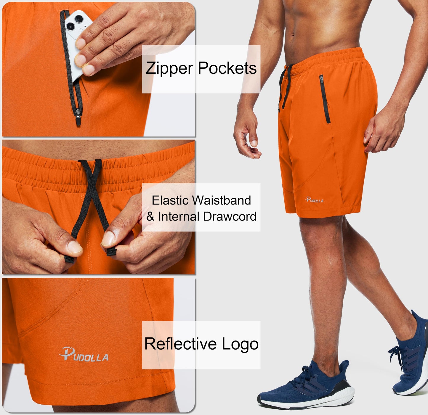 Pudolla Men's Workout Running Shorts Lightweight Gym Athletic Shorts for Men with Zipper Pockets(Orange Large)