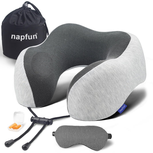 napfun Neck Pillow for Traveling, Upgraded Travel Neck Pillow for Airplane 100% Pure Memory Foam Travel Pillow for Flight Headrest Sleep, Portable Plane Accessories, Light Grey