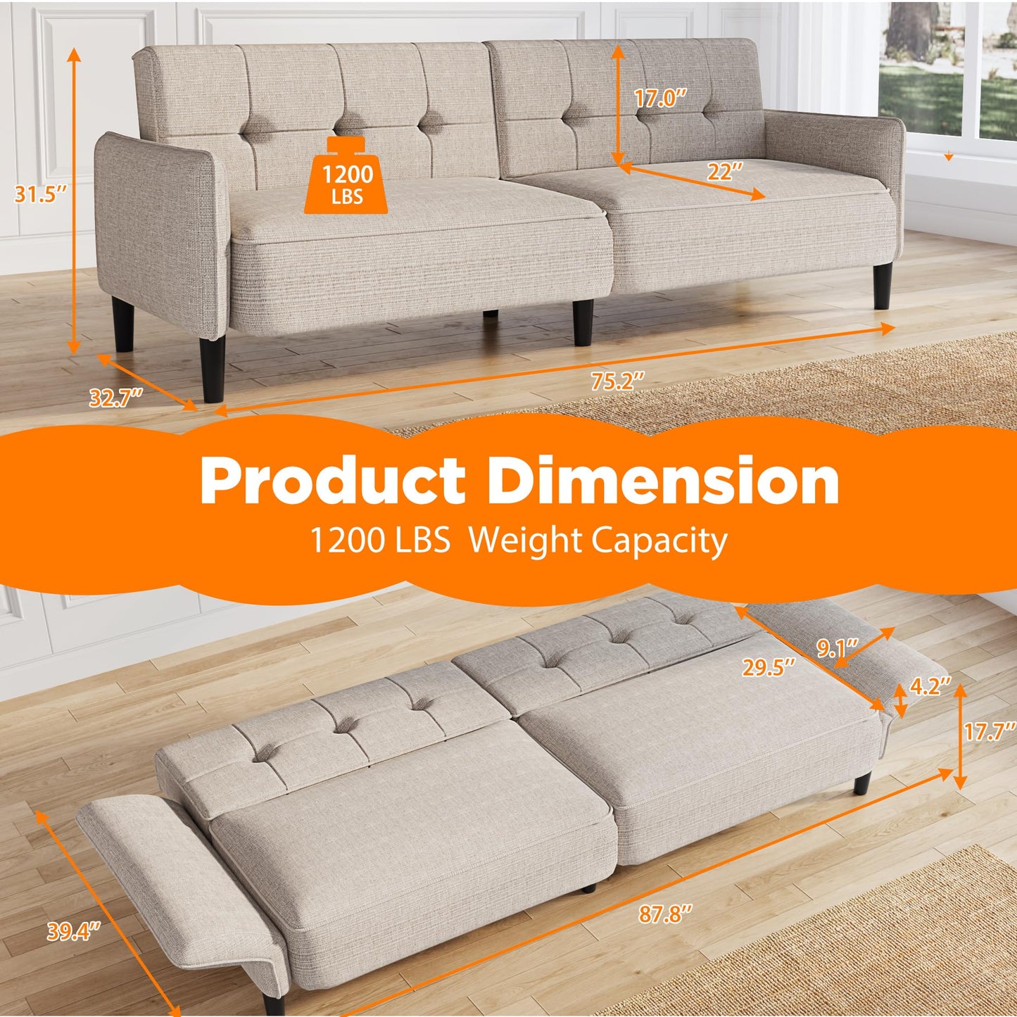 EROMMY 87.8" Futon Sofa Bed, Convertible Futon Couch with Adjustable Backrest & Armrest, Couch Bed with Solid Wood Frame for Small Spaces, Sofa Bed for Small Living Room
