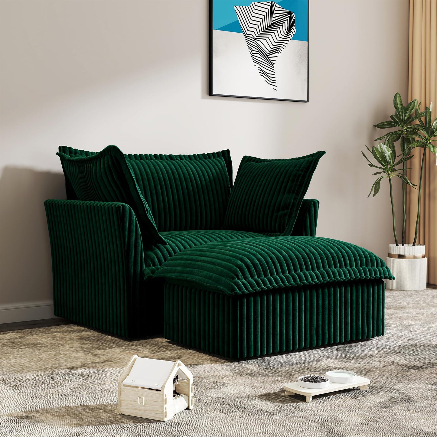 Ravy Concept 49" Slipcovered Chaise Lounge Chair, Corduroy Accent Chair with Removable Covers, 1-Seater Sofa with Movable Ottoman, Deep Seat Single Sofa Couch for Living Room (Green)